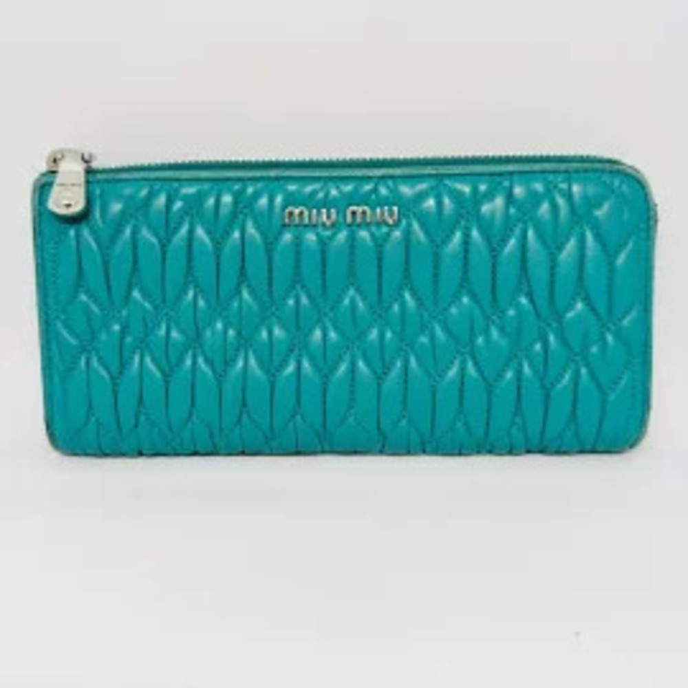 Miu Miu Gathered Wallet Long L shaped Zipper Blue Green Leather
